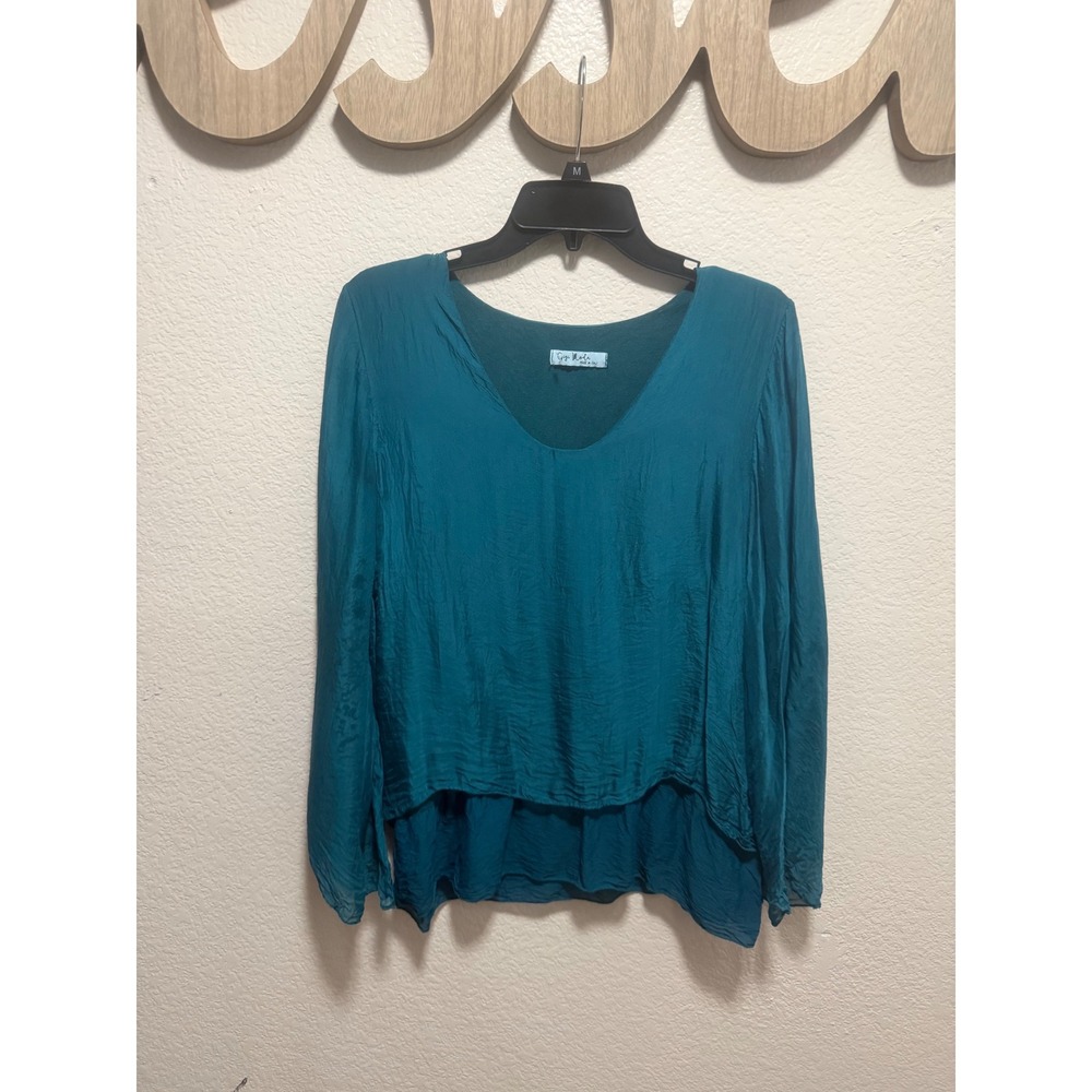 Gigi Moda Italy Teal Blue Silk Blend Layered V-Neck Blouse Long Sleeve Medium